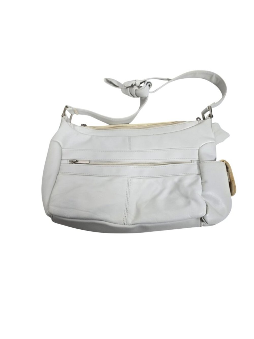 Vintage White Leather Shoulder Bag Purse Handbag Multi Pocket Zip Top